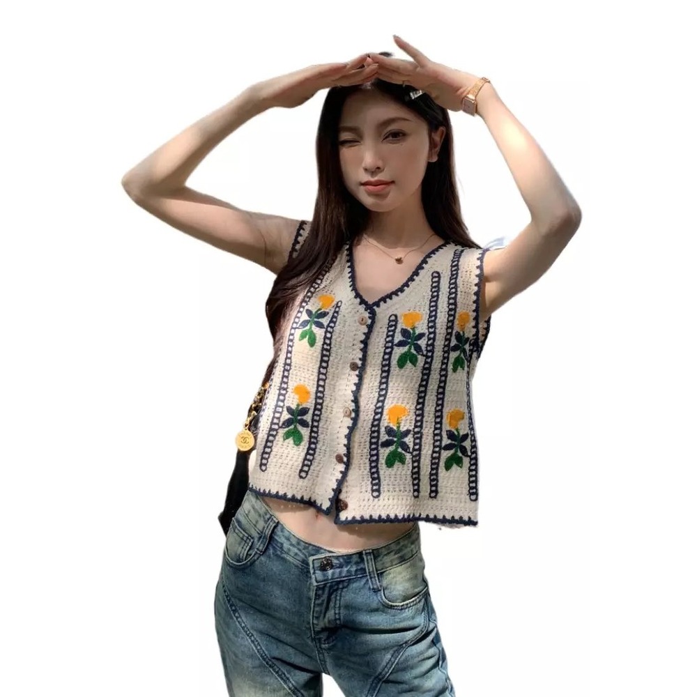 Floral Crochet Knit Vest Ivory Navy Yellow Button Front Sleeveless Crop Top